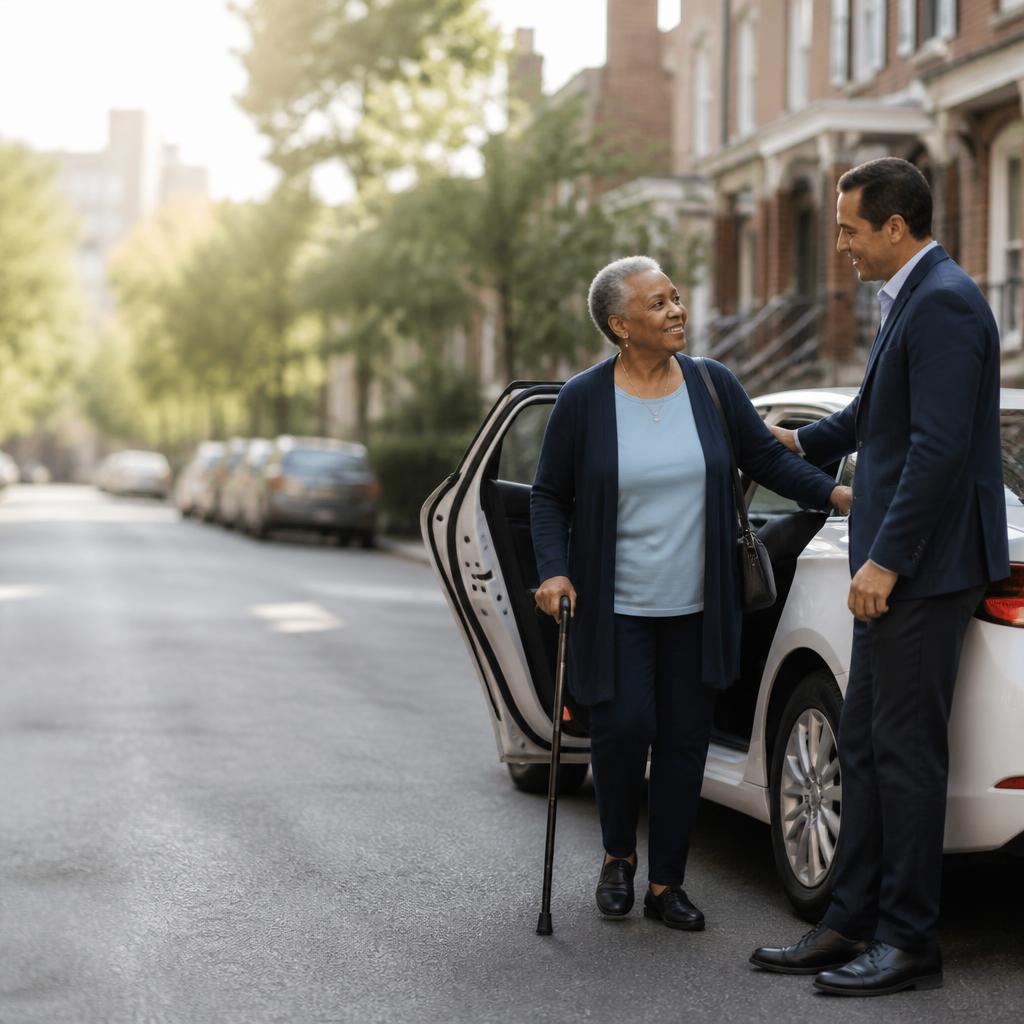 Illustrative scene of a smiling older woman with a cane beside a white sedan as a driver assists her.
